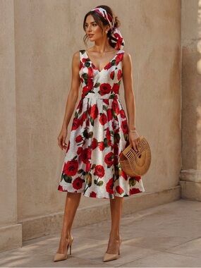 Chi Chi London White‎ Dress with Red Rose Print